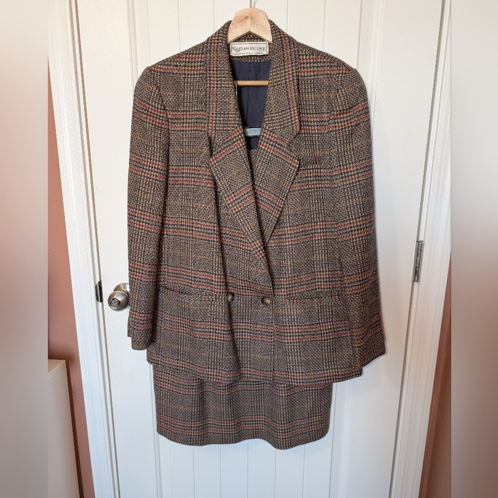 Vintage Evan Picone 2 Piece Plaid Wool Suit Set Skirt/Blazer W10 Red/Browns - Picture 1 of 16